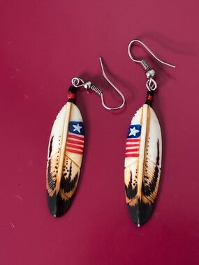 Elk Bone American Flag Feather Drop Earrings